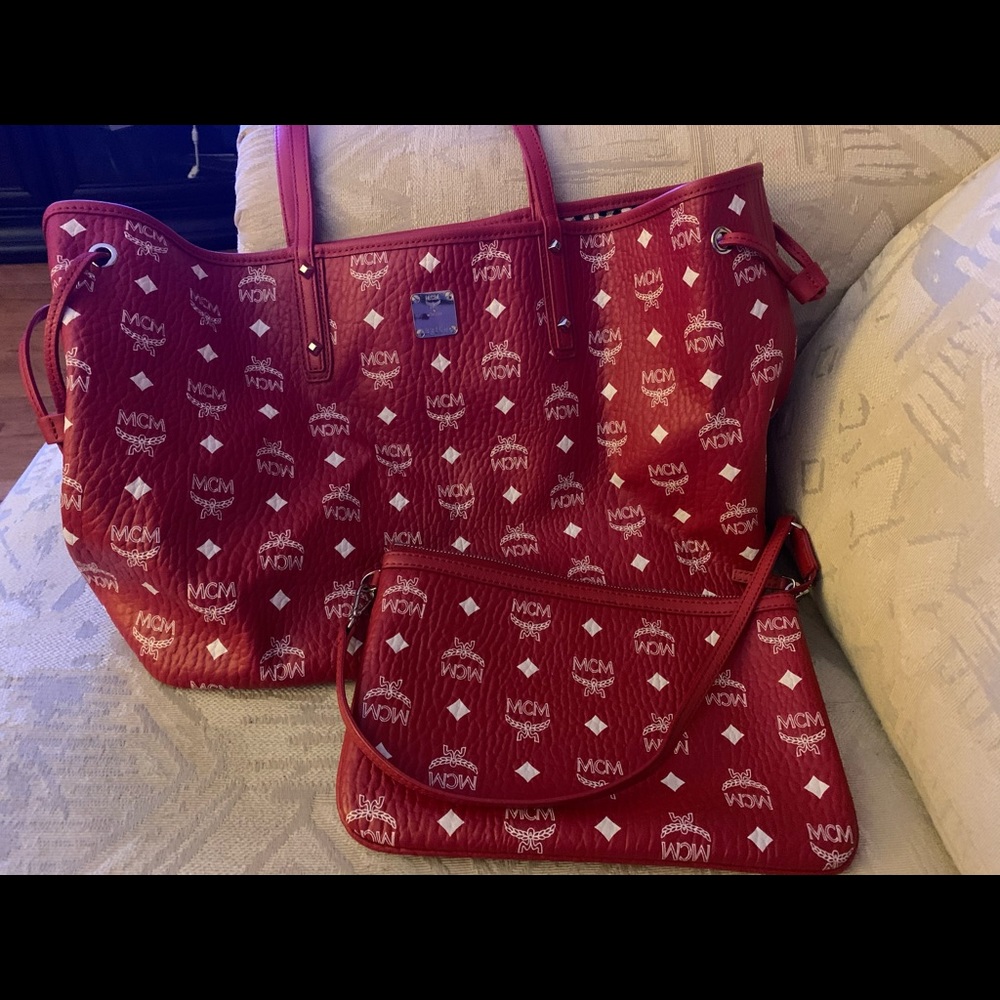 MCM red tote with matching red wristlet